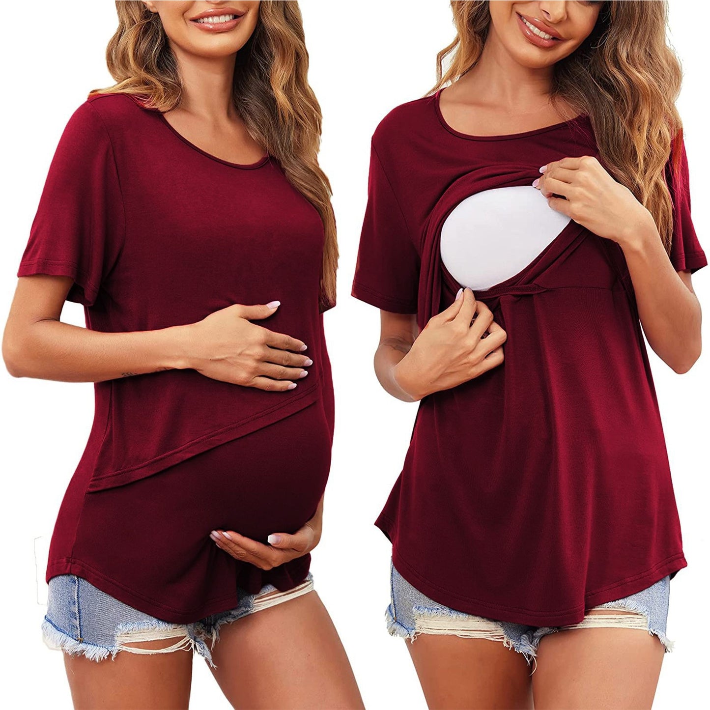 Pregnant Women Solid Color Round Neck Short Sleeves Breastfeeding Postpartum Nursing Top T-shirt